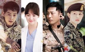 From left to right: Song Joong-ki as Captain Yoo Si-jin, Song Hye-kyo as Dr. Kang Mo-yeon, Jin Goo as Master Sergeant Seo Dae-young and Kim Ji-won as army surgeon Yoon Myung-ju