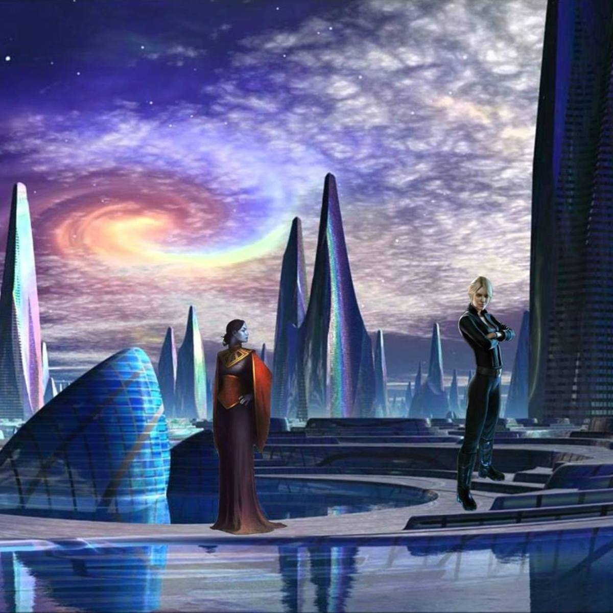 Cette illustration dépeint une expérience qu'Ileana le Voyageur Étoile a eu avec l'un des chefs de la Race El, descendants de l'ancienne Race Builder, nommée Anaya, dans le futur sur Terre.
