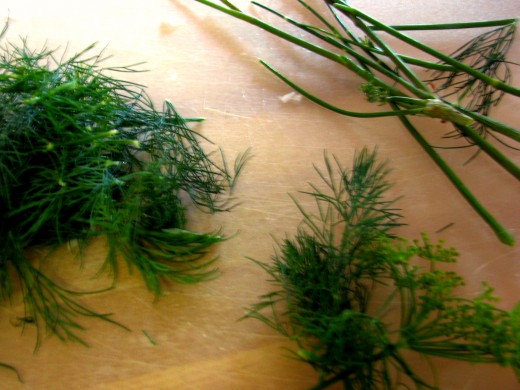 Remove the thickest stems from the dill and then chop the leaves up very fine. Set this aside and let it start to release the aromatic flavors.