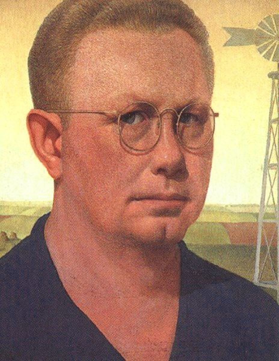 Wood's self portrait clearly shows his drawing skill and the rural Iowa background from where he came.