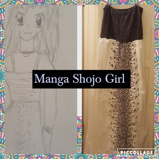 I drew this Manga Shojo girl after buying this gray and white print dress at "Council Thrift Store".