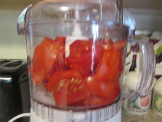Tomato chunks in the food processor. 