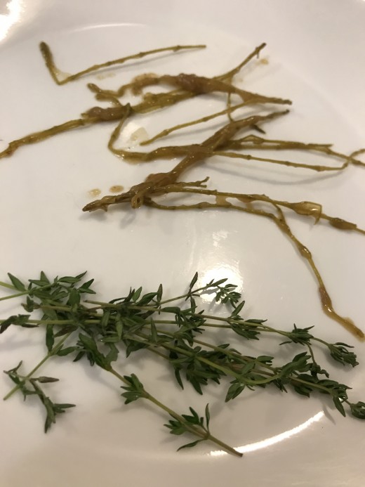 Don't bother pulling the thyme off the stem - pop it into the pot whole. As the stew simmers, the leaves will fall off, and they take their flavor with them. Just fish them out before you serve.