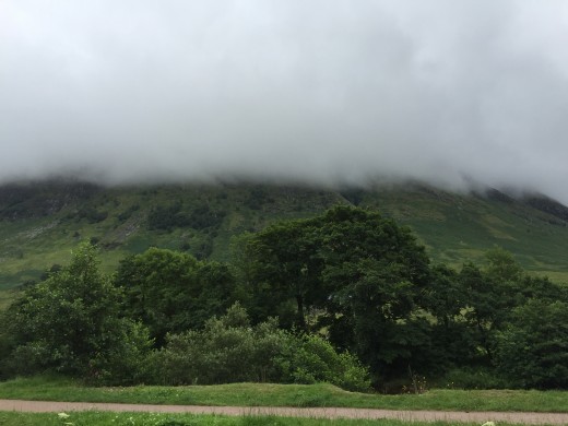 After a short journey from our campsite at Corpach we arrive at the Glen Nevis visitor centre which is the starting point of our hike. The low level cloud partly obscuring the mountain Meall an t-Suidhe is somewhat worrying.