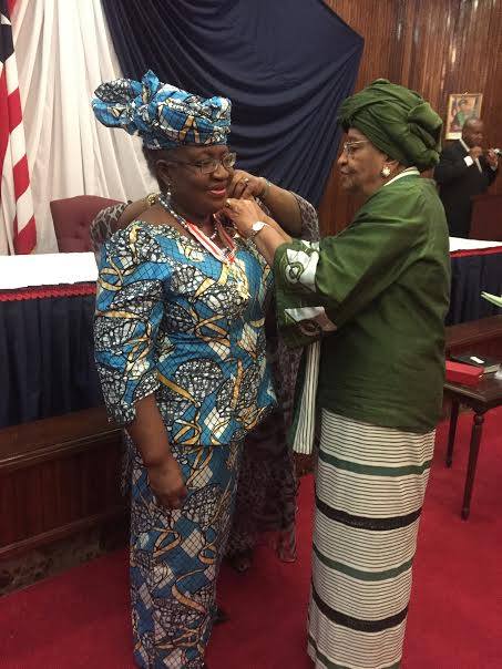 Dr Ngozi Okonjo-Iweala, former World Bank Managing Director and the former Minister of Finance. Decorated during the award ceremony by the Liberian President Ellen Johnson Sir Leaf.