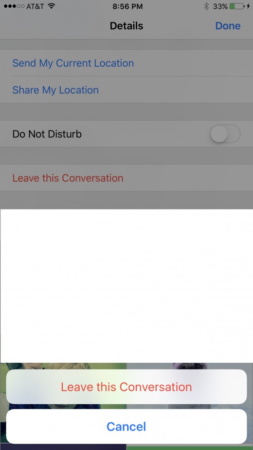 Tap "Leave this Conversation." Two buttons fly up from the bottom of the screen. A Cancel button and a Leave this Conversation button.