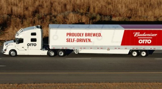 Uber's UberFreight division testing a self- driving truck named "Otto" on roads and highways in Colorado.  Make a delivery of beer for Anheuser-Busch.