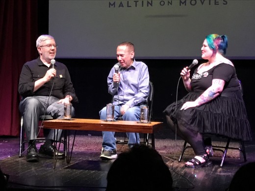 Leonard Maltin (left) and his daughter Jessie (right) recording their podcast Maltin On Movies with guest Gilbert Gottfried (middle). 