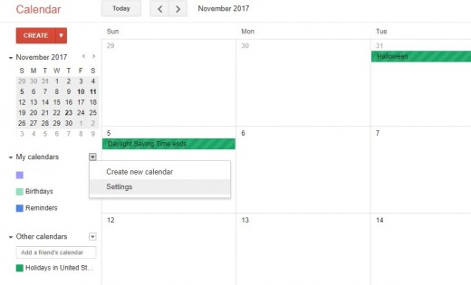 Click the drop-down arrow to the right of My Calendars on the left side of the screen, and then click "Settings."