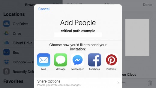 Tap "Share Options" along the bottom of the screen before choosing how you want to invite someone to access your file. The Add People window appears.