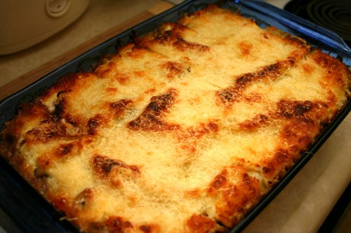 White Lasagna with Chantrelle and Crimini Mushrooms ready to be served