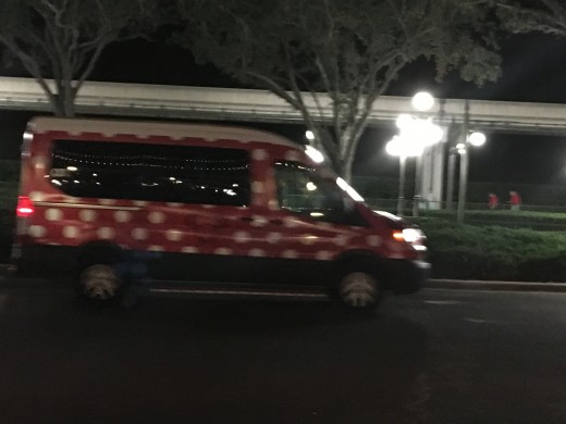 One of the Minnie Vans that guests can hire to take them various places around the world. 