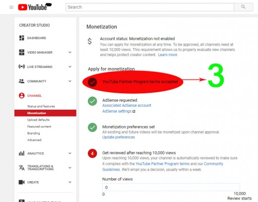 Step 3: Terms of Youtube Partner Program :~ Go to option 3 where you need to accept all terms until icon tick mark gets green.