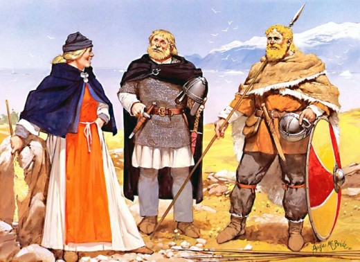 Two 11th Century merchant adventurer-warriors with a woman of high social standing against a wild backdrop - migrants came here from Norway to get away from Harald Fairhair's exacting taxes