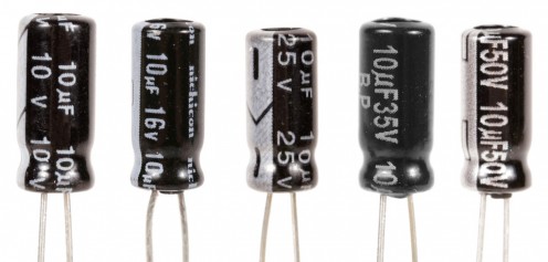 Capacitors of various values and voltages.
