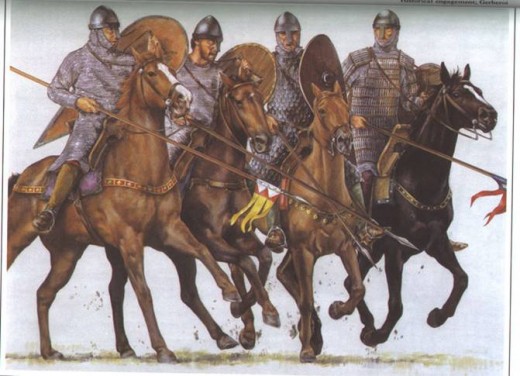 Norman cavalry - the rider second from left with the beard might easily have been a mercenary, as the Normans at this time tended to be clean-shaven