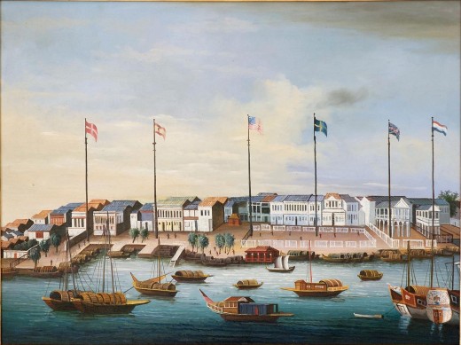 Danish and Swedish flags both fly at Canton in the 1820s, although changes in the political economy of tea in Europe had somewhat circumvented their East India Companies at that point.