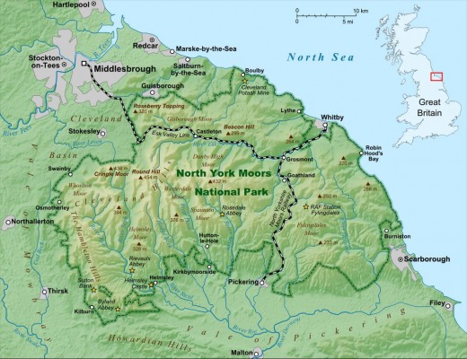 The North Yorkshire Moors National Park map shows the main communications. Roseberry Topping is marked near the top left of the park area