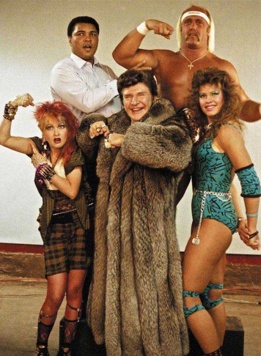 Lauper, Richter and friends, in a promo shot for the inaugural “Wrestlemania”