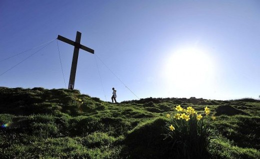 Each year at Easter a cross is erected in the same place on Otley Chevin, held in place by wire stays against stiff winds