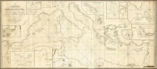 A highly detailed map of the Mediterranean, looking much like what might be used in the time.
