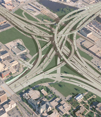 Industrial Art. Interchange design and landscaping in infrastructure renewal. ARRA 2009 funding permits additional jobs in these fields that create manpower demands. (public domain)