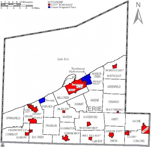 Map of Erie County, Pennsylvania, United States with township and municipal boundaries 