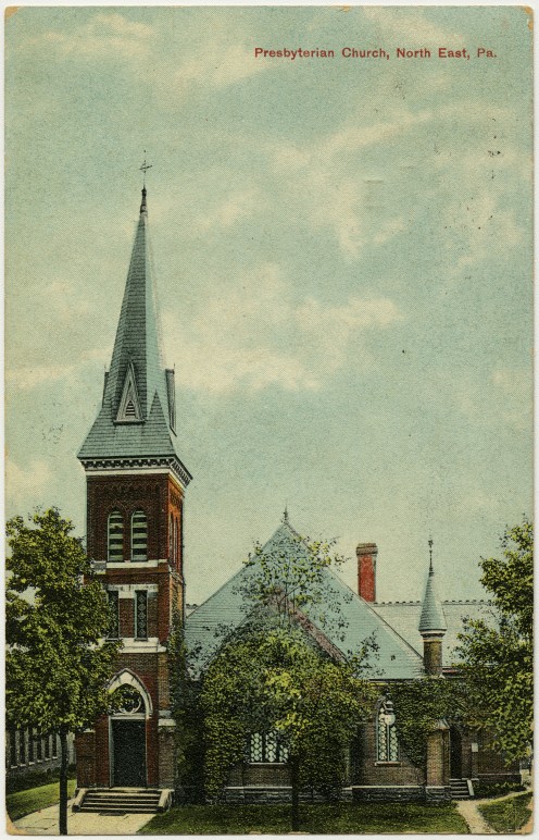 Presbyterian church in North East, Pennsylvania from a pre-1923 postcard From RG 428, Postcard Collection, Presbyterian Historical Society, Philadelphia, Pennsylvania.
