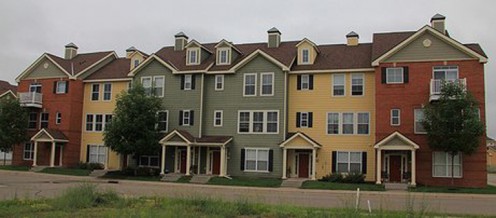 A row of cheerful townhomes.