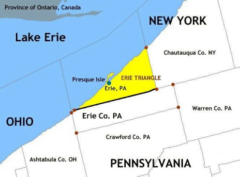 Map of Erie Triangle in Erie County, Pennsylvania and surrounding area. (Created via National Atlas online mapmaker, a public-domain resource of U.S. gov.)