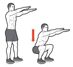 Body Weight squats for man or woman. thighs, hips and buttocks, quadriceps femoris muscle (vastus lateralis, vastus medialis, vastus intermedius and rectus femoris), hamstrings