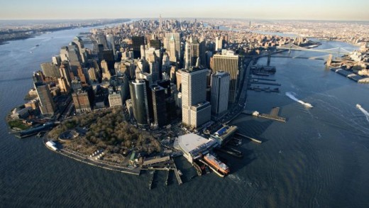 Manhattan skyline. High rises of mod-town Manhattan can be see in the far background.