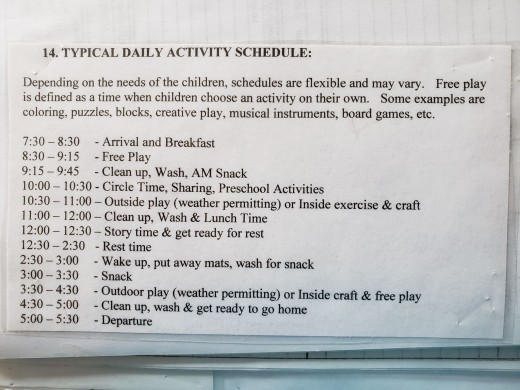 An example of a daily schedule.  It's important to ask a schedule so you can get an idea of activities the children do.