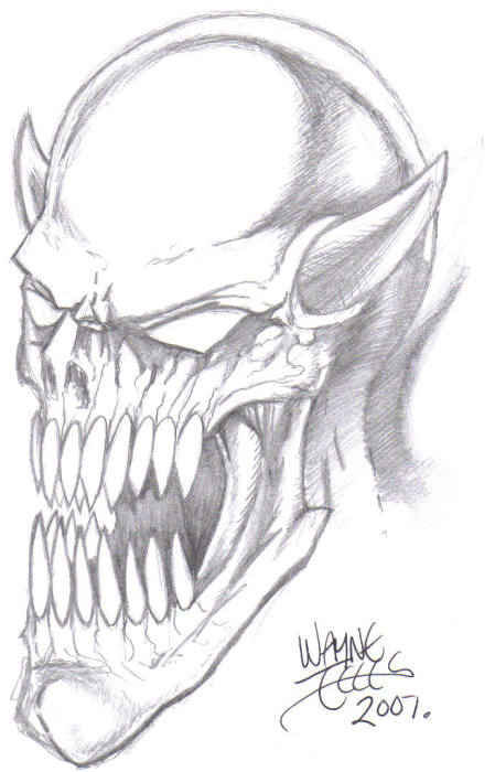 Demon head drawing, drawn with a HB pencil by Wayne Tully 2010.