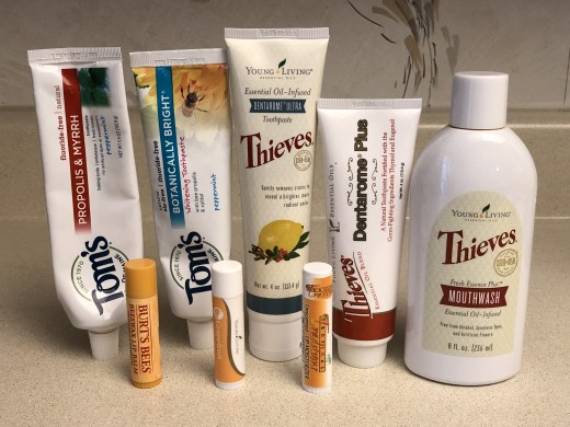 Tom's fluoride-free toothpaste, Young Living Thieves toothpaste, Thieves mouthwash