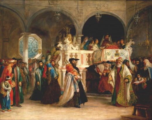 "The Feast of the Rejoicing of the Law at the Synagogue in Leghorn, Italy" by Solomon Alexander Hart 1850 {{PD-1923}} 