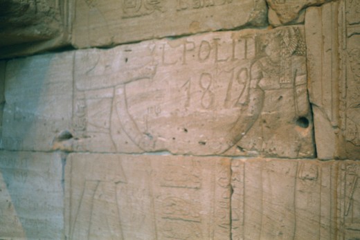 A 19th century tourist's name and the year of visit to the Temple of Dendur.  Notice in the right hand side of the picture there is another tourist's carving.