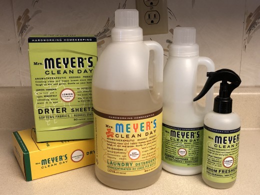Mrs. Meyer's Clean Day dryer sheets, laundry detergent, fabric softner, and air freshener