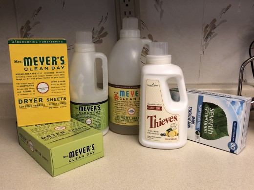 Mrs. Meyer's dryer sheets, liquid fabric softener, laundry detergent, Young Living Thieves laundry detergent, and Seventh Generation dryer sheets