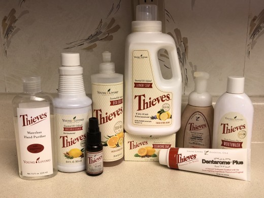 Thieves hand sanitizer, household cleaner, spray, dishwashing liquid, laundry detergent, bar soap, foaming hand soap, toothpaaste, and mouthwash