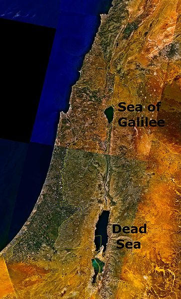 A satellite image of the Dead Sea and the Sea of Galilee. This image is in the public domain.