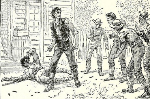 An illustration of Abraham Lincoln exerting his considerable force against multiple challengers.