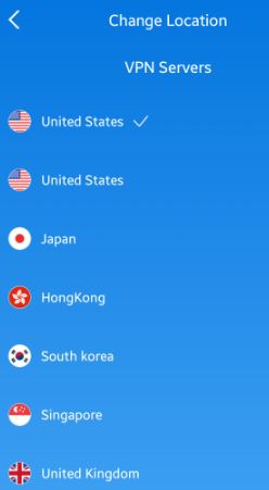 Screenshot of Sky VPN server list
