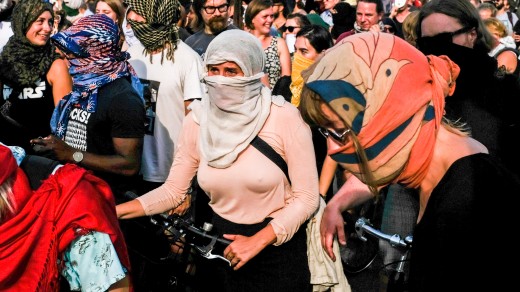 Muslim women protest burqa ban in Denmark.