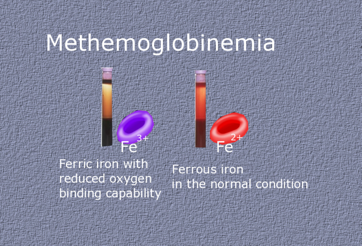 Blue skin could result from the accumulation of methemoglobin: hemoglobin with oxidized iron that cannot bind to oxygen.