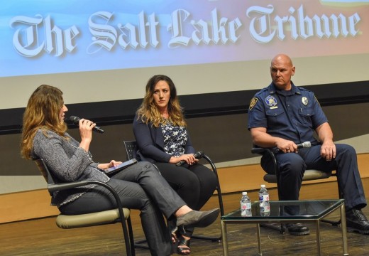 Salt Lake Tribune Editor Jennifer Napier-Pearce, Utah State Lodge Fraternal Order of Police Spokeswoman Shante Johnson and Salt Lake City Fire Capt. Mike Stevens at the "Trib Talk Live" event "Utah's first responders and PTSD."