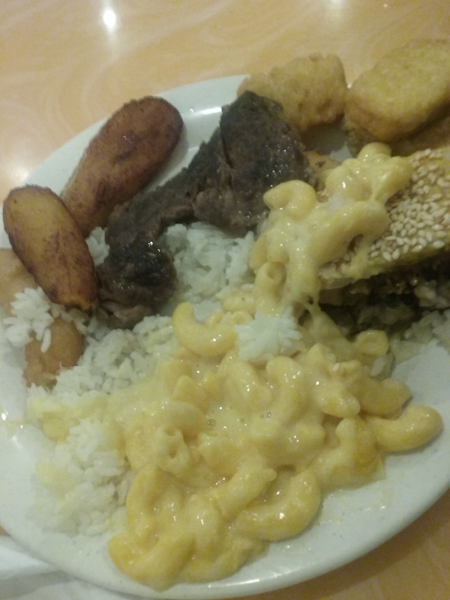 chicken nuggets , macaroni and cheese, beef, plantain , rice and more 