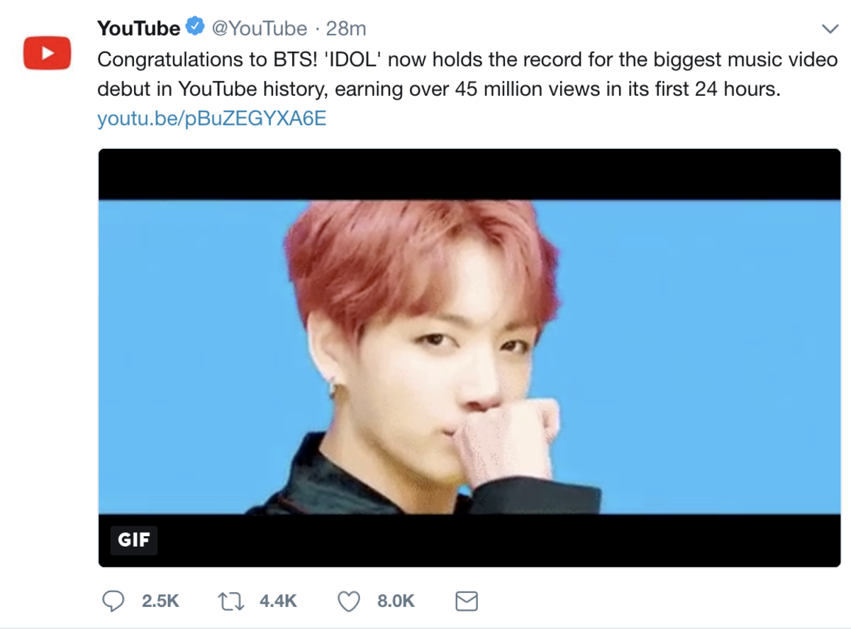 A screencap of YouTube's announcement of BTS' new record via its Twitter account