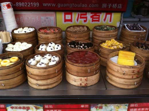 Savory and sweet snacks in a local market in Nanjing, China. 