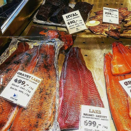 At the local fish market in Bergen, Norway, you can find anything.  At least 40 varieties of smoked salmon fill the ice layered coolers. Whale meat, both cured and raw is sold by the pound.  Huge tanks contain lobsters and king crabs.   